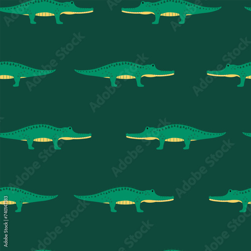 Funny cartoon crocodiles on a green background. Cute children's seamless pattern. Can be used for children's fabrics, wrapping paper, wallpaper, textiles and packaging.