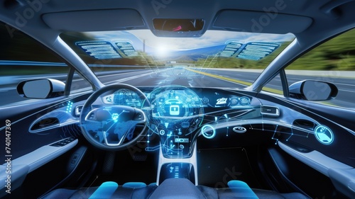 Futuristic car dashboard and steering with advanced navigation system on highway, self-driving car's cockpit with holographic controls