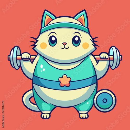 Cute fat cat is working out at the gym. The kitten squats with a barbell and tries to lose weight. Vector illustration