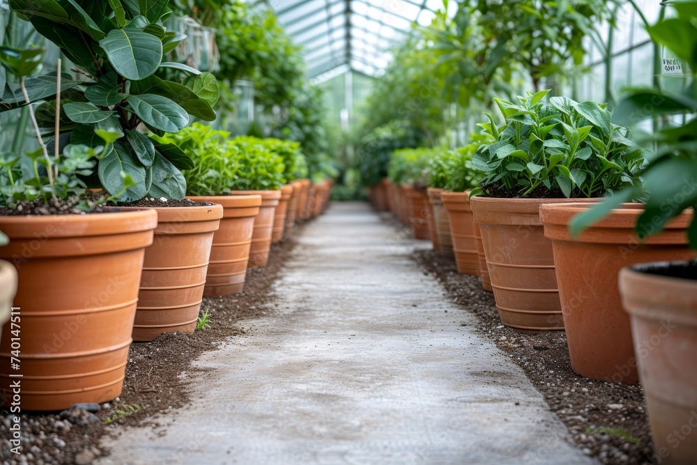 A serene greenhouse showcasing a harmonious row of vibrant potted plants, each basking in the warm sunlight filtering through the glass ceiling