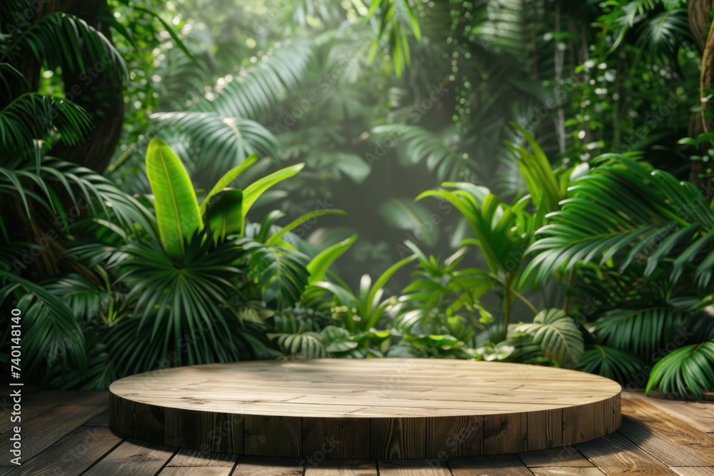 A beautifully crafted wooden table sits amidst a dense, vibrant jungle setting, offering a serene and natural atmosphere.