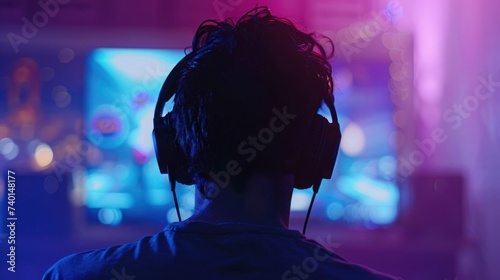 back view silhouette of adult gamer sitting in front of the screen with headphones and playing video games, blurred background photo