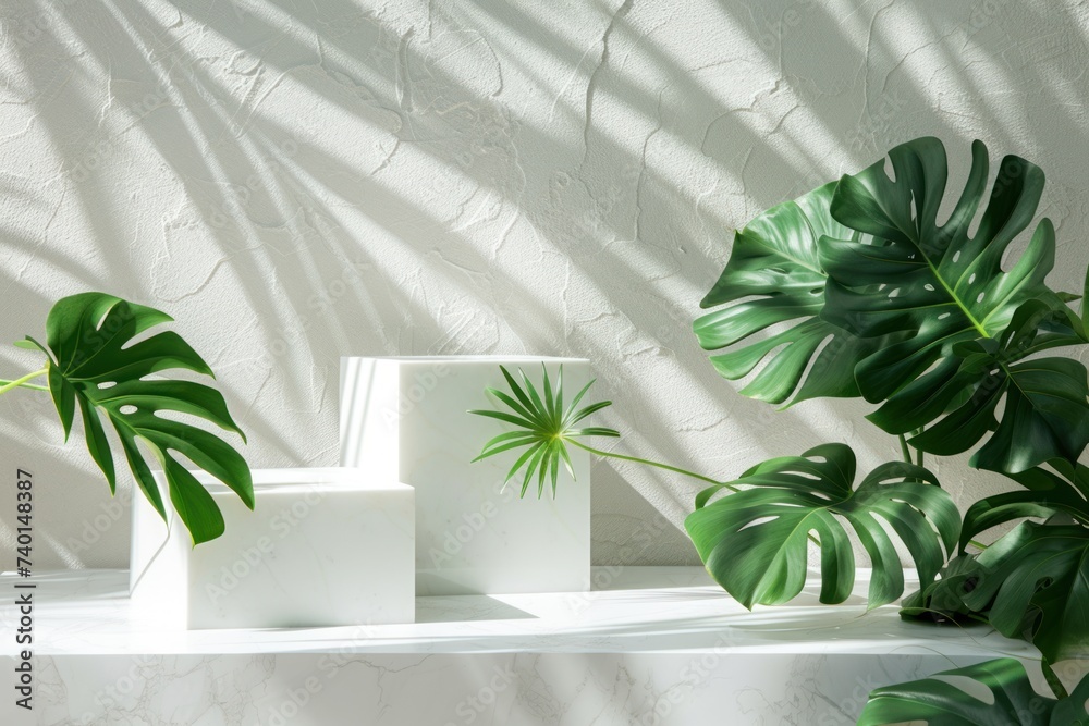 Stylish white geometric concrete planters adorned with vibrant Monstera leaves, casting elegant shadows in a sunlit room. Stylish white geometric concrete planters adorned with vibrant Monstera leaves, casting elegant shadows in a sunlit room.