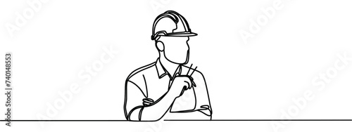 Single continuous line drawing of young attractive foreman controlling building development progress while holding clipboard. Building construction service concept one line draw design illustration