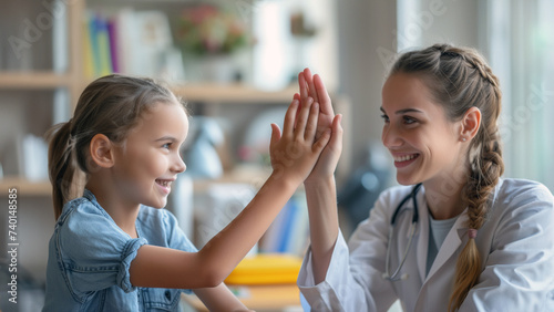 Little girl child give high five greeting with positive doctor or GP at consultation in clinic, small kid make deal celebrate good medical checkup with smiling pediatrician at meeting in hospital © Karol