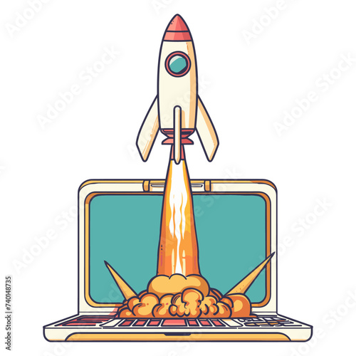 Rocket launch from laptop screen, isolated on a white background.
