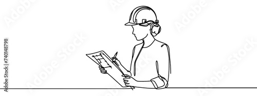 Female construction worker. Continuous line style. Hand drawn. One line. Vector design. illustration