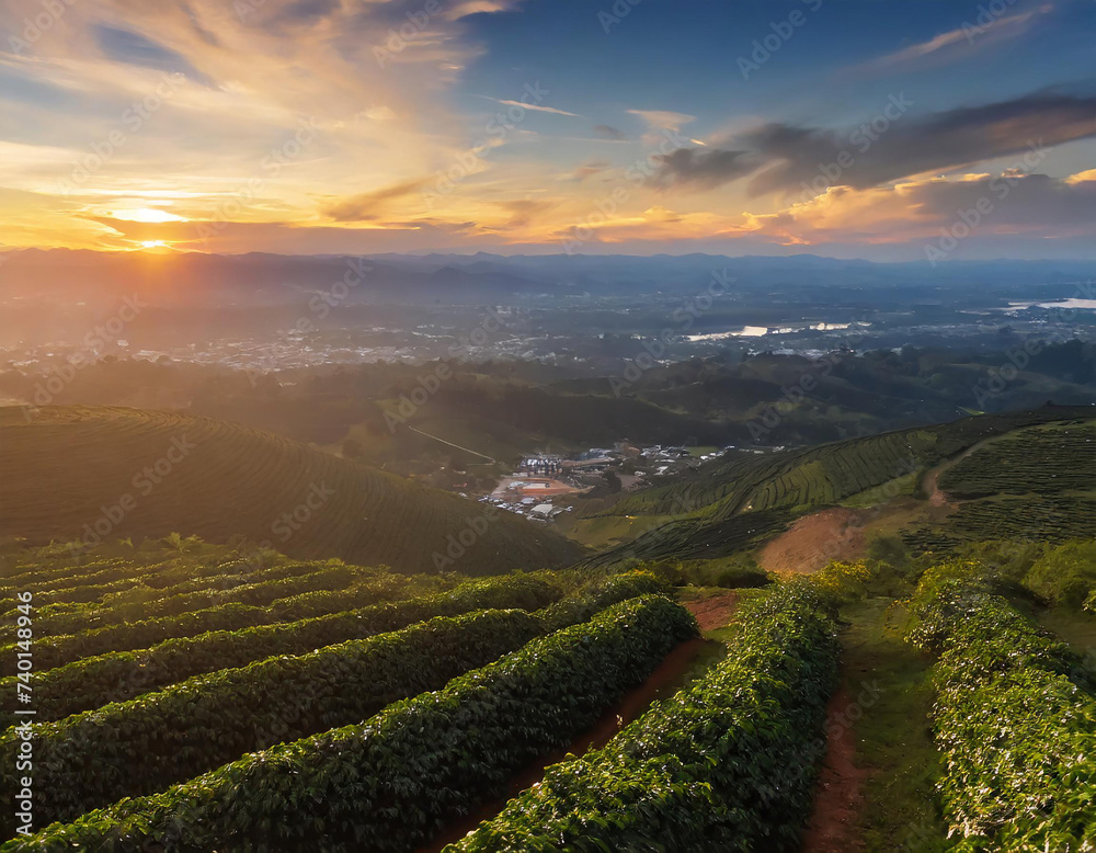 Coffee plantation hills at sunset time, beautiful landscape background