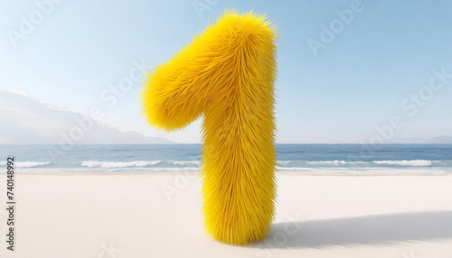 Cute yellow number 1 or ONE as fur shape, short hair, white background, 3D illusion, storybook style