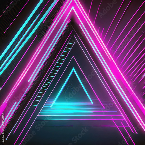 Futuristic neon neon triangles abstract tech background. Generative AI © Jeri