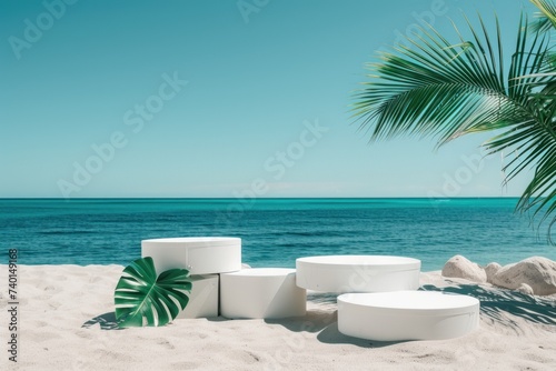 White display pedestals with Monstera leaves set on a sandy beach, offering a serene tropical ocean backdrop with palm fronds.