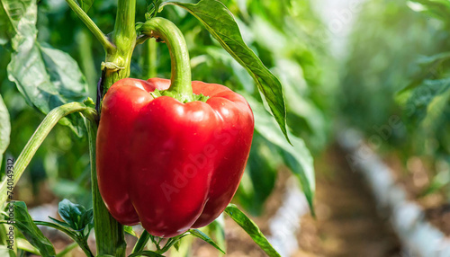 One red bell pepper cultivation in greenhouse with copy space © Jeri