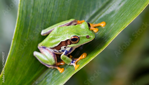 Overhead view of a green white-lipped tree frog (Nyctimystes infrafrenatus) on a leaf, Indonesia