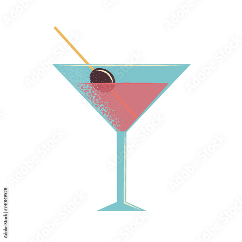 Cool summer cocktail with a straw and an olive. An alcoholic drink in a glass. Symbol of parties and festivals. Flat vector illustration isolated on white background.