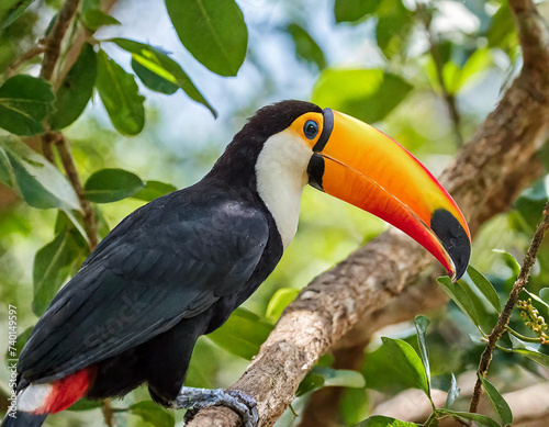 Toco Toucan (Ramphastos toco) in the forest canopy adjacent to the Piquiri River, northern Pantanal, Mato Grosso, Brazil. photo