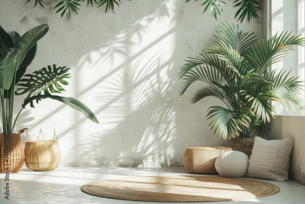 Inviting indoor tropical corner featuring woven baskets, comfortable pillows, and a variety of lush green plants creating a relaxing atmosphere.
