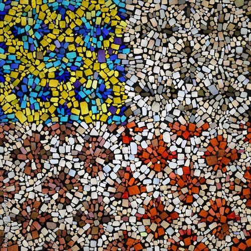 Pattern of colored stones or tiles with blue red yellow brown abstract geometric shapes on the path for design