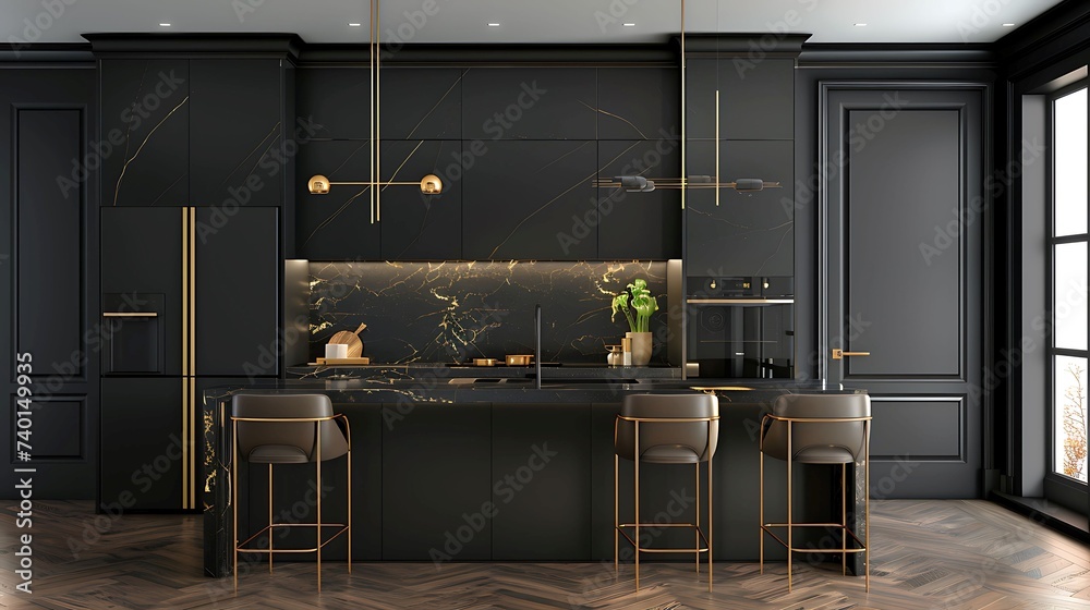 A contemporary kitchen with matte black cabinets and gold hardware, adding a touch of sophistication and drama to the space - obrazy, fototapety, plakaty 