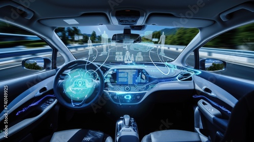 self-driving car's cockpit with holographic controls and panoramic views of a scenic highway, emphasizing comfort and innovation