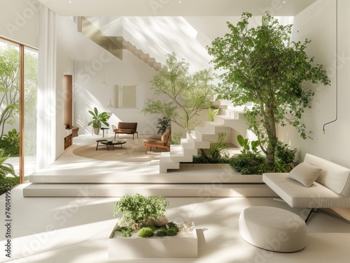 A spacious and luxurious lobby featuring sleek marble stairs, modern furniture, and an array of lush indoor palm plants, bathed in natural sunlight.