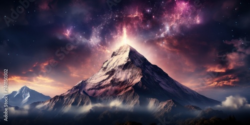 A towering mountain set against a night sky filled with stars and wispy clouds, creating a striking natural scene © Ihor