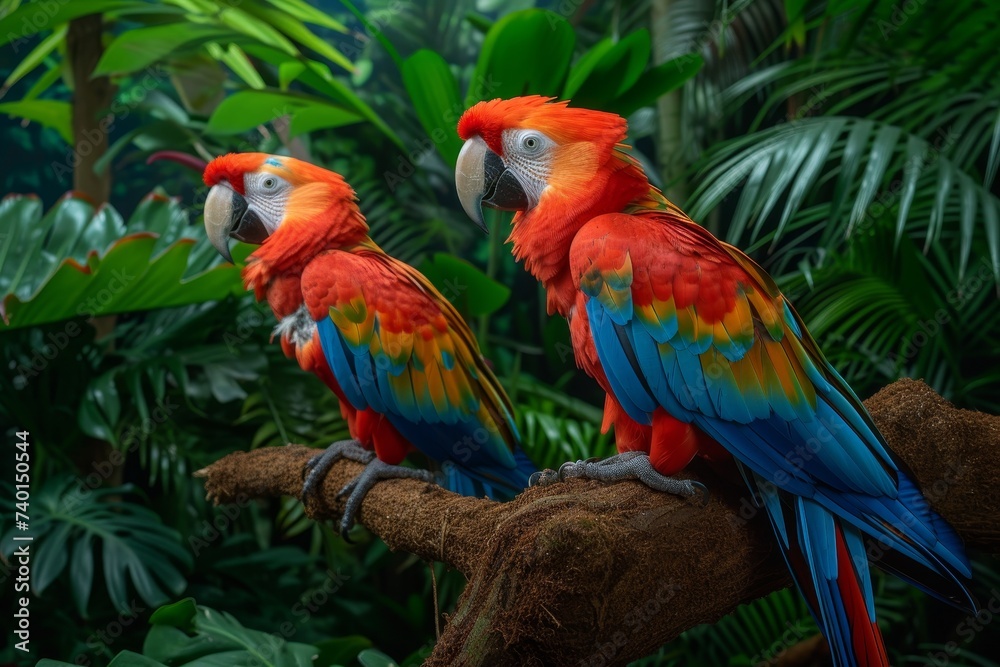 Two brilliantly colored parrots are perched on a rustic branch, their vibrant plumage standing out against the lush green background Two brilliantly colored parrots are perched on a rustic branch, their vibrant plumage standing out against the lush green background