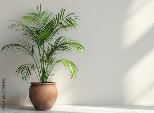A single indoor palm plant with lush green leaves stands in a rustic terracotta pot against a white wall with soft shadow patterns.