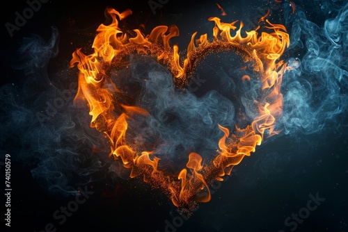 heart-shaped flame engulfed in swirling smoke, black background 