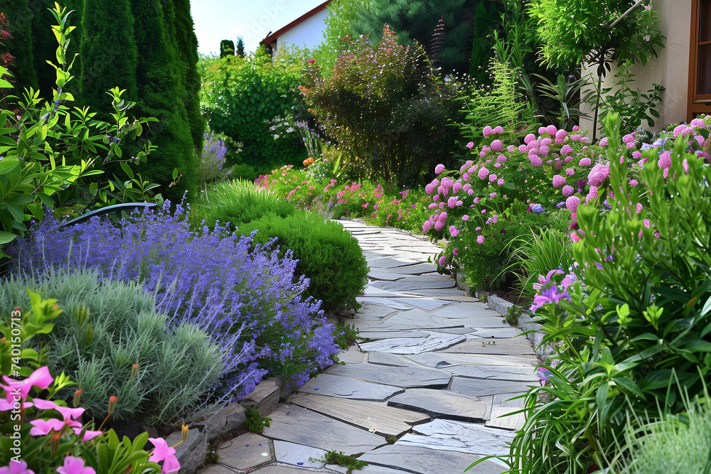 Beautiful Private Garden With Flowers, Bushes and a Walkway Beautiful Private Garden With Flowers, Bushes and a Walkway