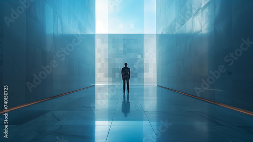 silhouette of an executive man standing in between walls. Concept of a stuck and challenges. 