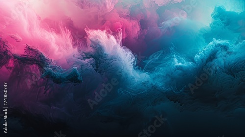 Colorful smoke clouds in blue and pink neon light swirling on empty scene background with reflection photo