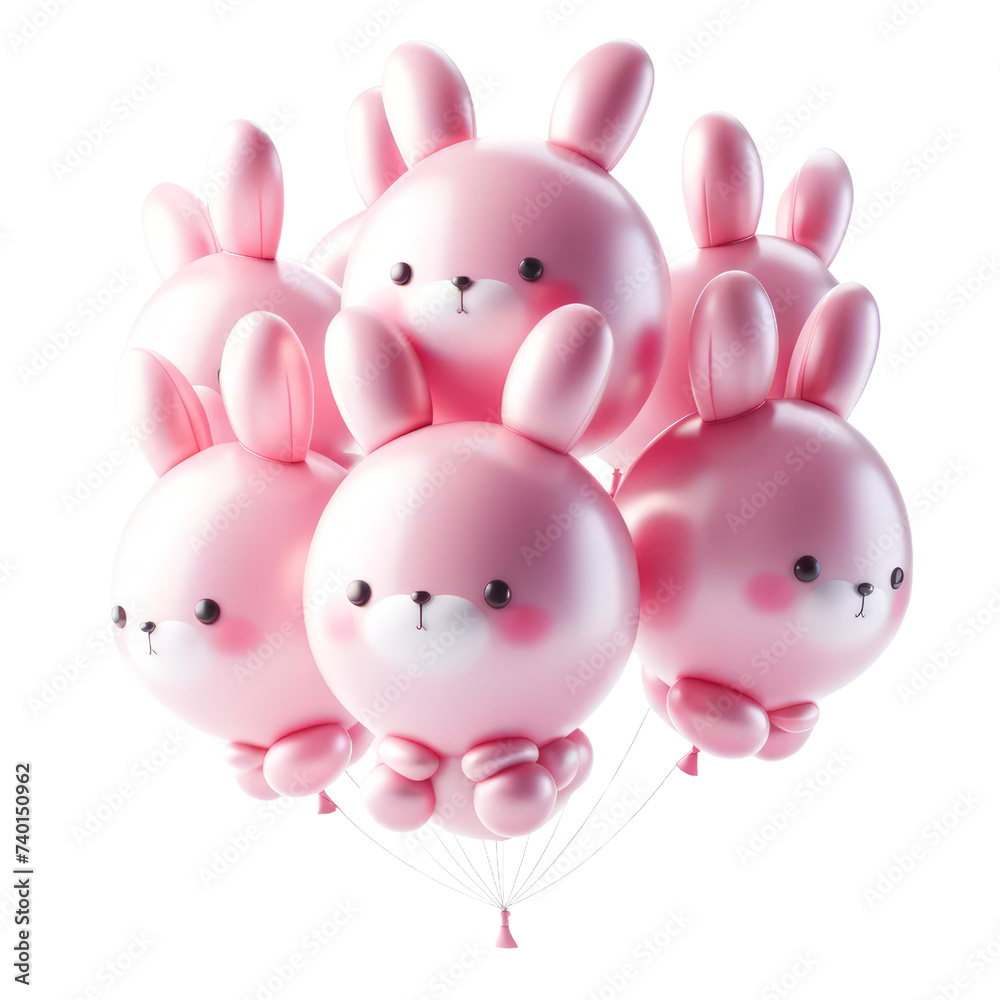 A bunch of pink rabbits are floating in the air. The rabbits are all ...