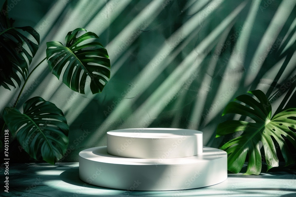 Dense tropical foliage surrounds sleek white display pedestals, casting shadows and light in a vibrant jungle-like environment.