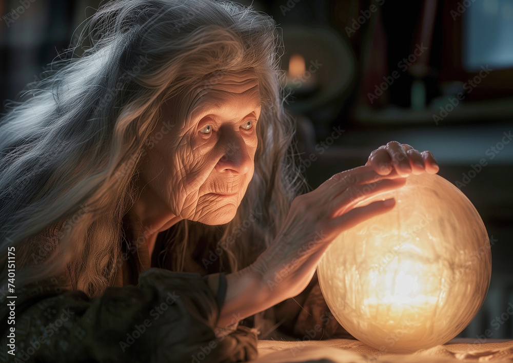 An old female fortune teller looks into a lit ball with her hands on it. AI generated.