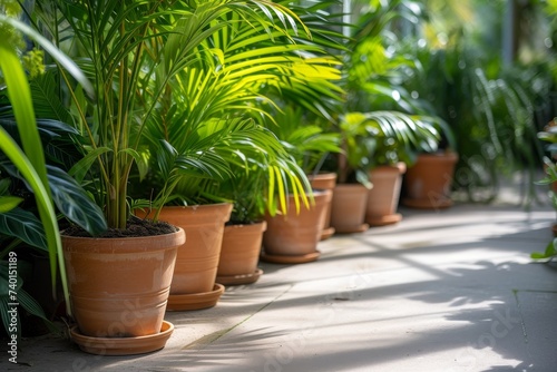 row of potted plants resting gracefully on the sidewalk, blending natures hues with urban charm