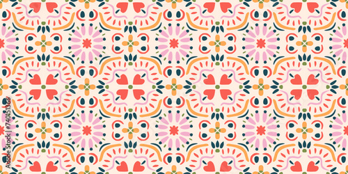 Ethnic abstract tile art. Seamless pattern in tribal, folk embroidery, and Mexican style. Aztec geometric art ornament print. Design for carpet, wallpaper, clothing, wrapping, fabric, cover, textile.