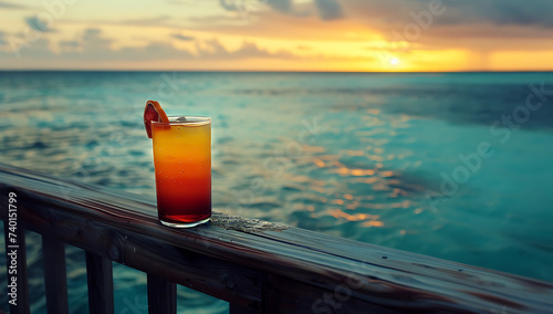 the drink is sitting on a wooden railing and looking 