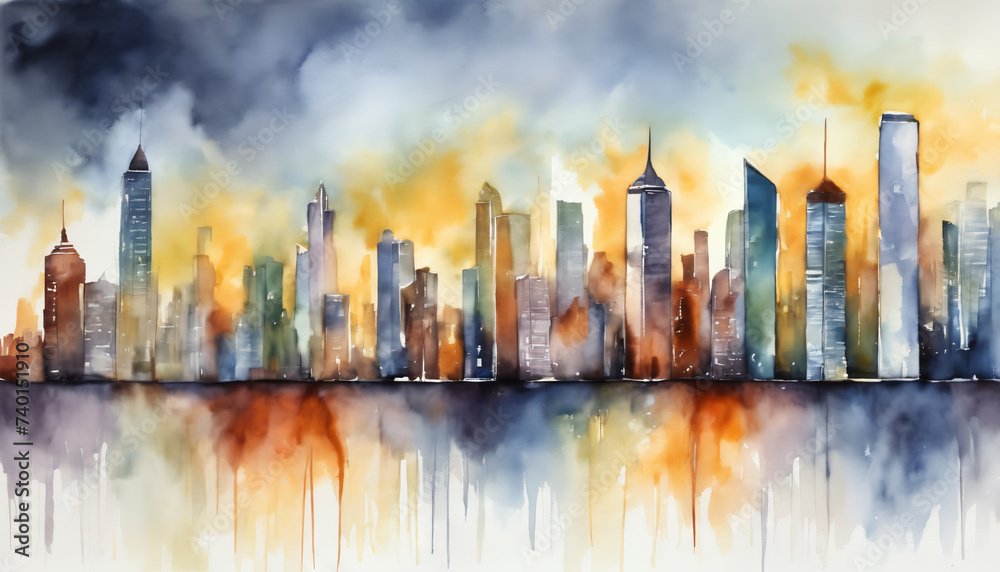 Watercolor Cityscape with Reflection