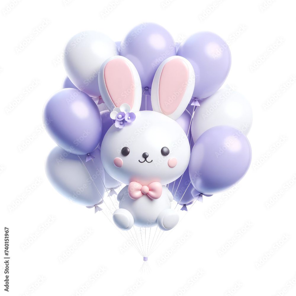 Naklejka premium A cute rabbit is floating in the air with a bunch of balloons. The scene is whimsical and playful, with the rabbit being the main focus of the image. The balloons add a sense of lightness
