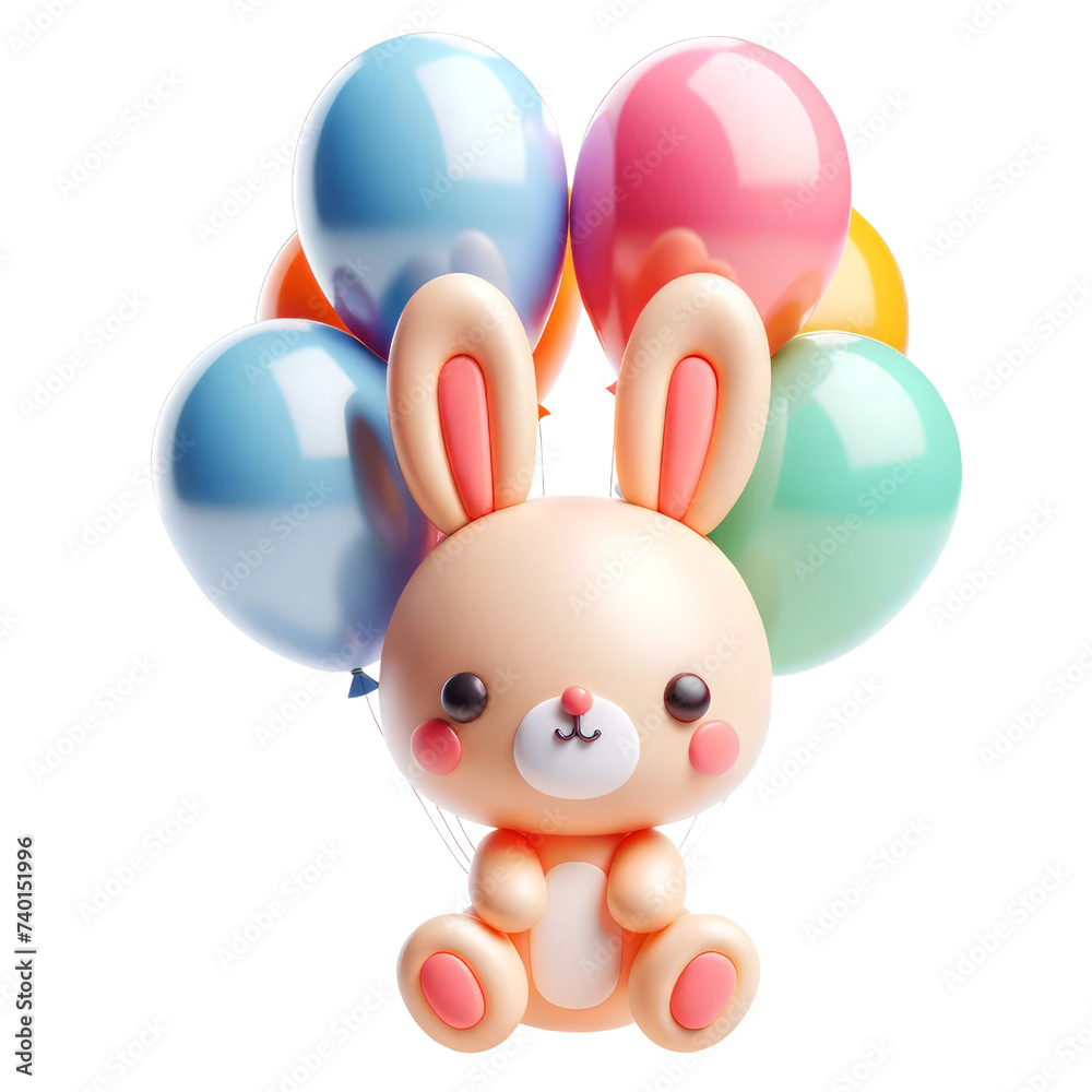 A rabbit is holding a bunch of balloons. The balloons are in different colors, and the rabbit is sitting on a white background. Concept of joy and playfulness