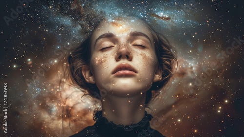Sleeping woman face. Fairy stars, red tint and colorful cloud
