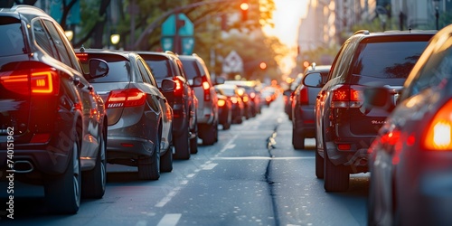 Vehicles Stuck in Traffic Jam During Rush Hour as Commuters Return Home. Concept Traffic Congestion, Rush Hour, Commuters, Vehicles, City Gridlock