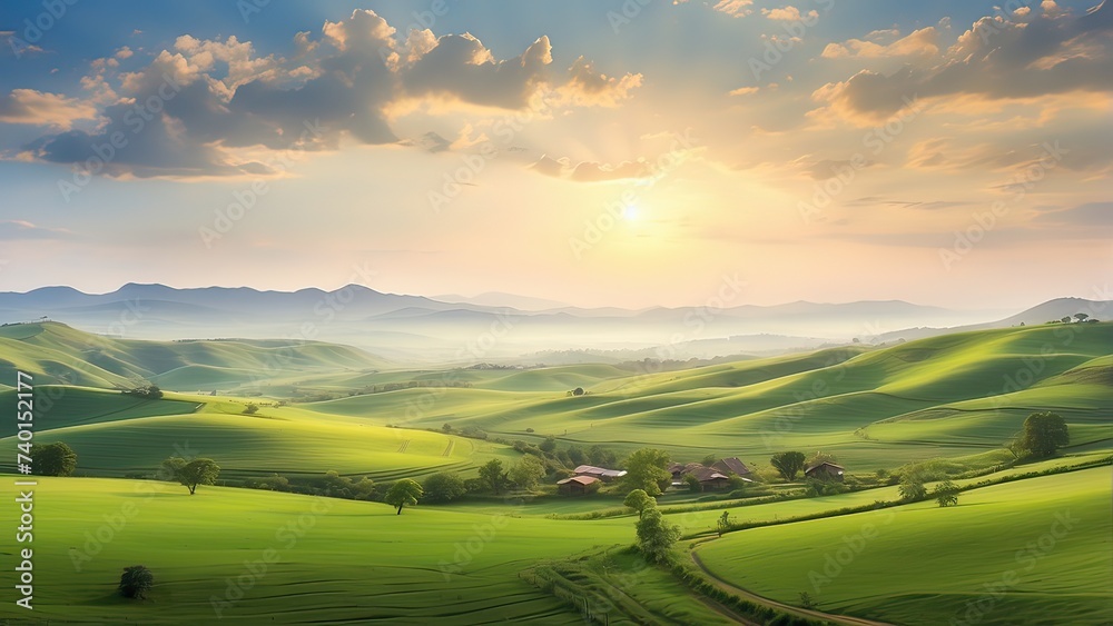 Serene rural panorama featuring undulating hills and expansive farmland. This picturesque scene evokes a sense of peace and tranquility