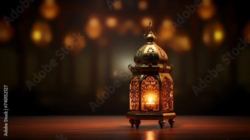 Ramadan Kareem greeting card. Arabic lantern on blurred background.