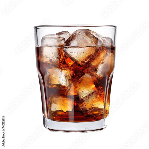Glass of cola with ice cubes on white or transparent background