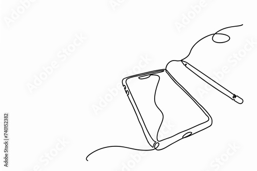 Continuous one line of tablet and stylus symbolizing technology and business, hand drawn, black vector illustration of computer equipment isolated on white background