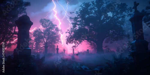 Nighttime in the cemetery  Lightning reveals distant trees shrouded in fog. Concept Spooky Atmosphere  Eerie Lighting  Foggy Landscape  Nighttime Photography