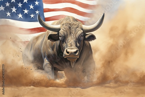 A large bull against the background of the American flag as a symbol of the state of Texas. Revolution or bullfight concept