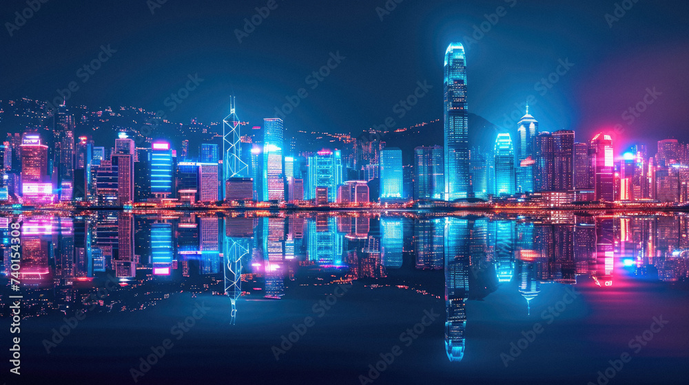 Hong Kong skyline at night with reflection in Huangpu river, China .