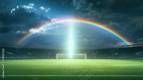 A beautiful rainbow over a soccer field. Great for sports events promotions © Fotograf